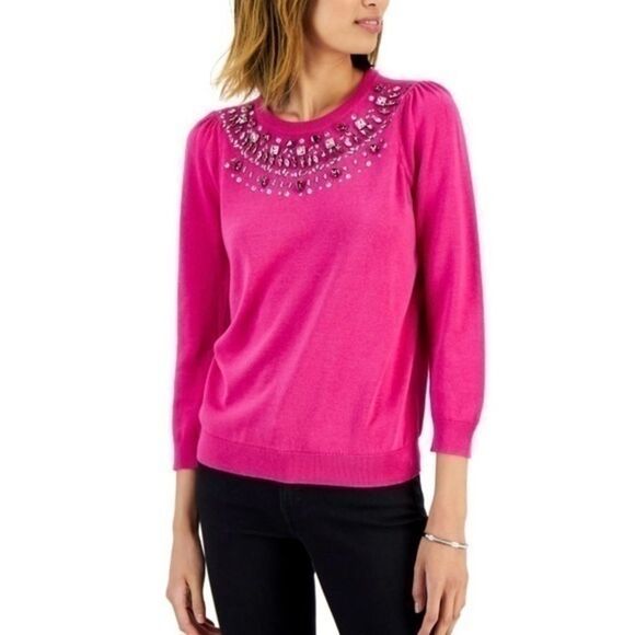 Pink Rhinestone Studded Knit Top L - Picture 1 of 5